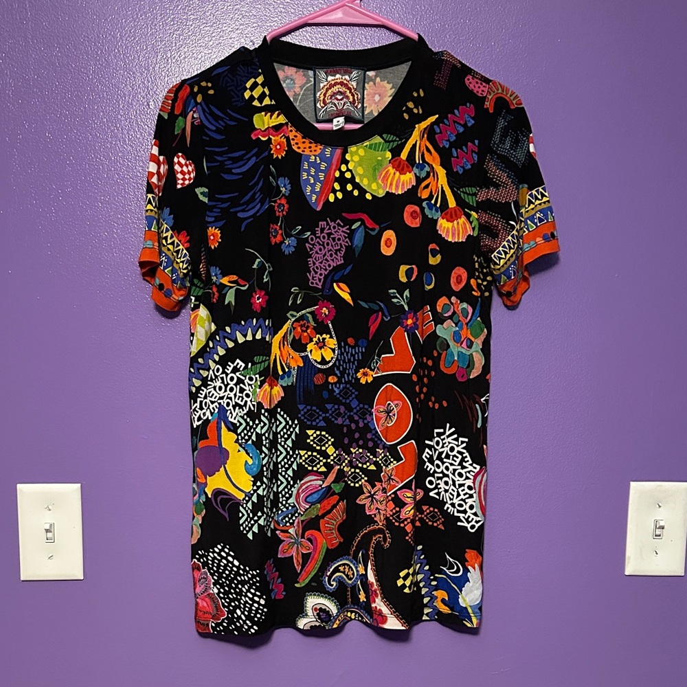 Johnny Was Black Tee with Bright Multicolor Floral & Abstract Print